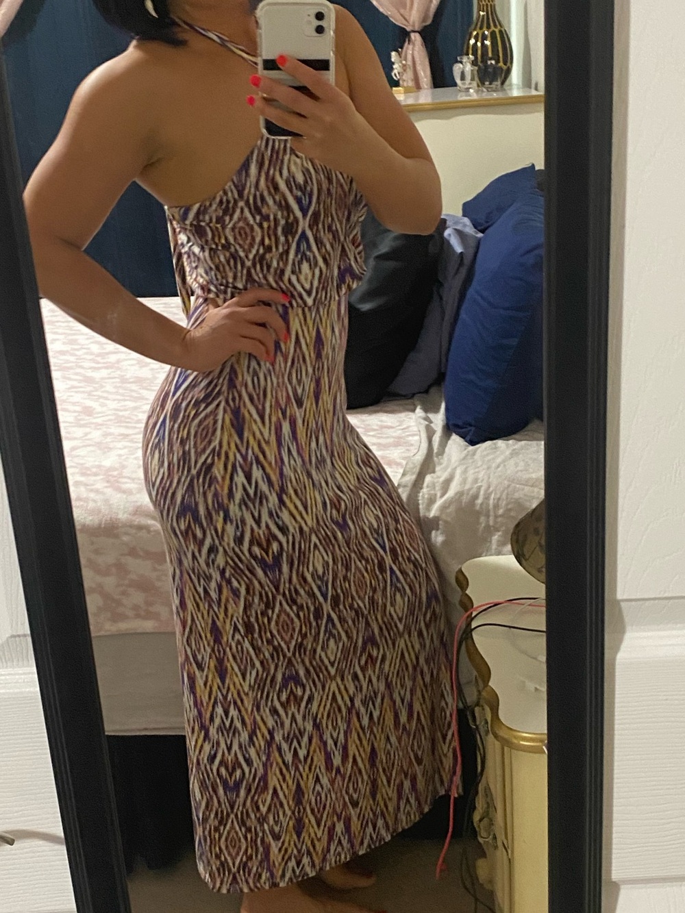 Cynthia Rowley Strapless Halter Top Printed Maxi Dress in Purple, gold and Cream